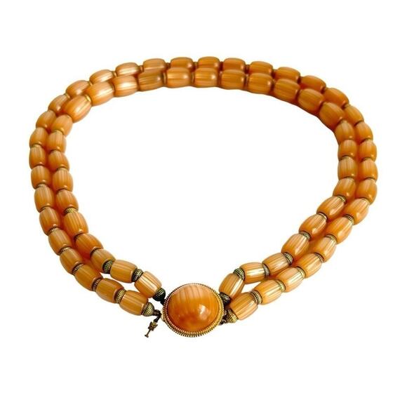 Trifari Moonglow Necklace Multi-Strand Beaded Vintage Crown Peach Orange Lucite - Picture 1 of 10